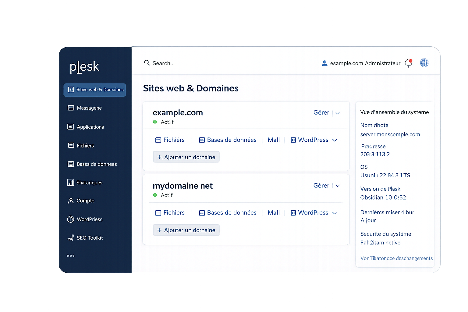 Interface Plesk pour gérer les sites web et domaines